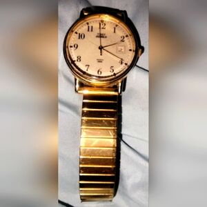 Timex Easy Reader Watch Men Indiglo 35mm Gold Tone Date Stretch Band